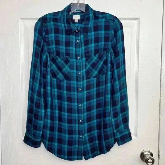 A NEW DAY Turquoise and Navy Flannel Button Down Top | size medium - Picture 1 of 6